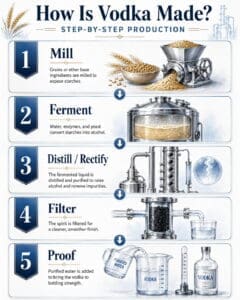 Step-by-step vodka production process from milling to proofing